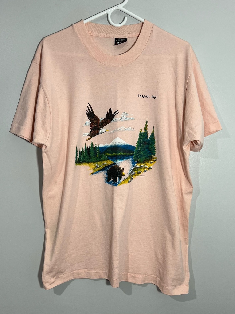 Vintage Wyoming Casper Nature Eagle Bear Pink Single Stitch T-Shirt Mens XL